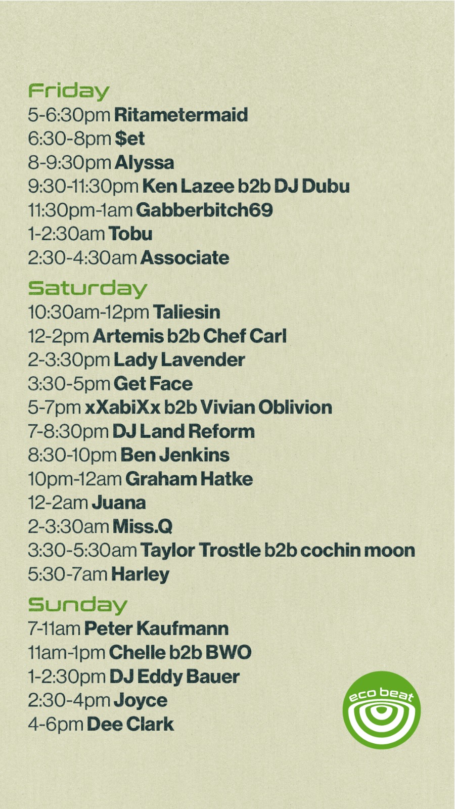 Ecobeat 7 Schedule